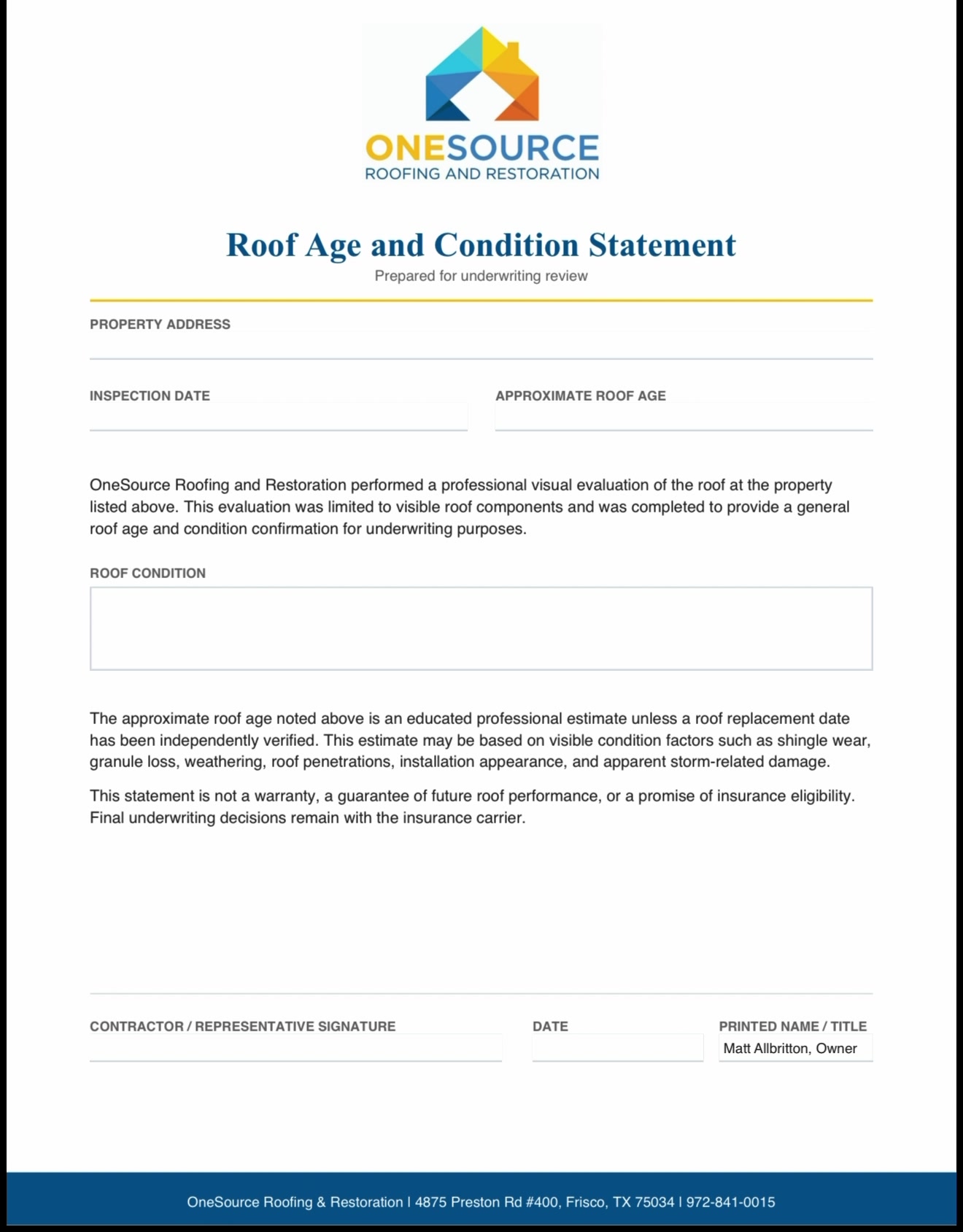 Roof Age & Condition Statement